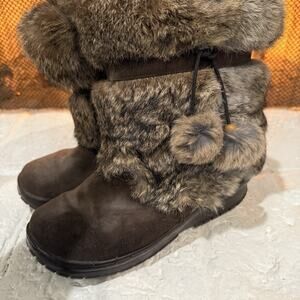 Bearpaw Rabbit Fur Suede Boots Brown Size 8 Snow Bunny Cabin Cozy Apres Ski Boot
